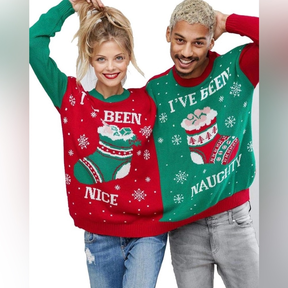 NWOT BOOHOO Naughty/Nice Couples Ugly Christmas Sweater OS